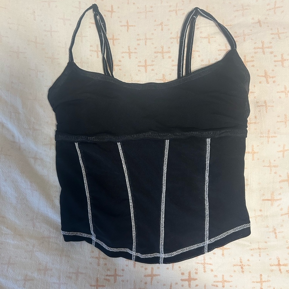 UO Small Soft Corset Top Exposed Stitching Mesh Cami